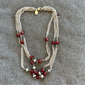 White House Black Market Maroon Silver Beaded Chain Necklace Silver Tone 20 Inch